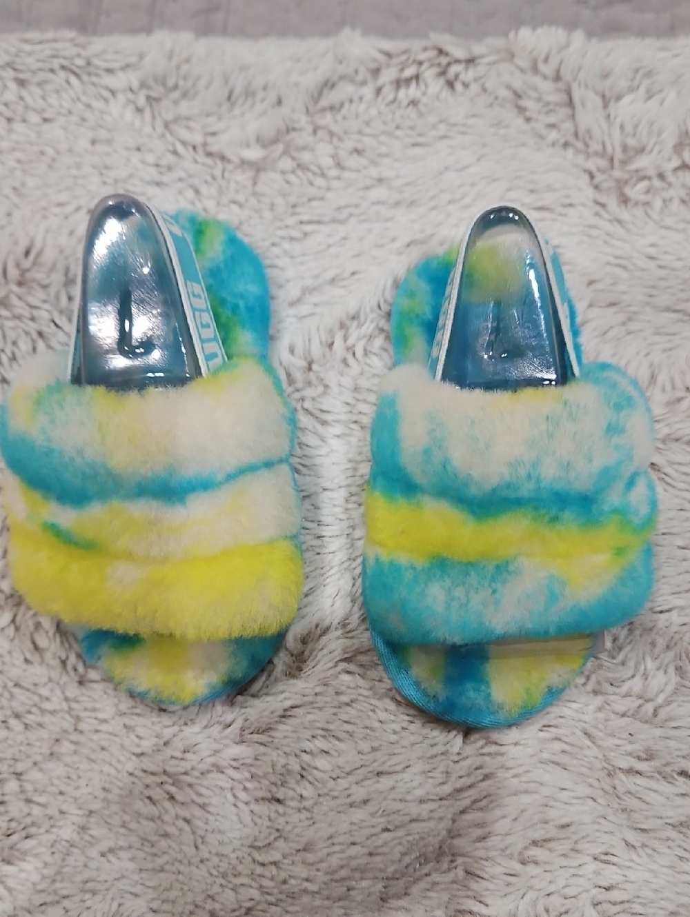 UGG Kids Tie-Dye Faux-Fur Slide Slippers in Blue, Yellow & White